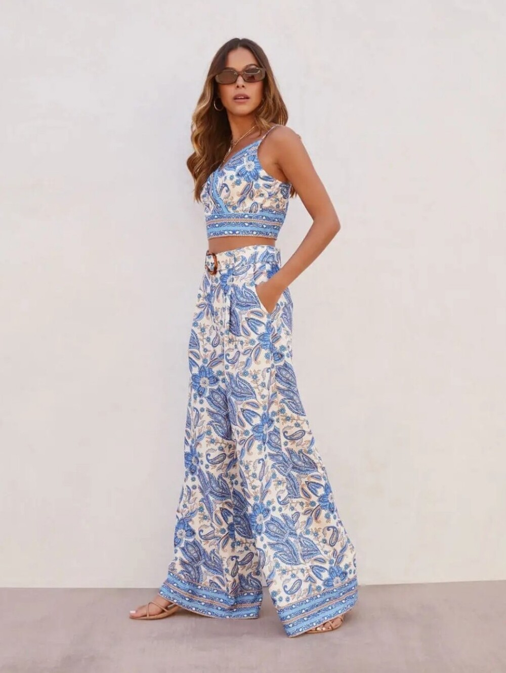 Santorini crop top & belted wide leg pant